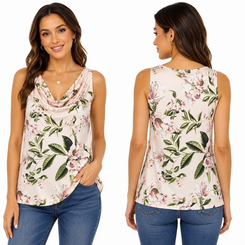 WHBM Blouse Womans Small Floral Cowl Neck Sleeveless‎ Satin Pink Summer Office